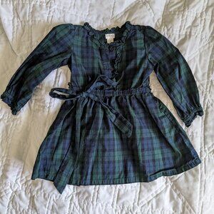 3T Crewcuts holiday blue green tartan dress with ruffles + belt